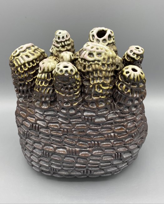 DeeAnn L. Prosia, "Frosty Gathering," #42 Clay, Anagama Wood Firing with Glazed Top, Ceramics Award of Excellence