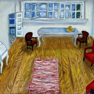 "Conversation (Room at Fine Arts Work Center, Provincetown)," Oil on Canvas, by Bette Blank