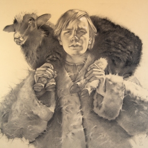 "Gentle Shepherd," Graphite, Charcoal and Chalk on Toned Paper, by Sandy Furst