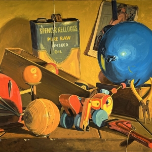 "The Work Party: Cricket and Egg Scale in Yellow, II," Oil on Wood Panel, by David Orban