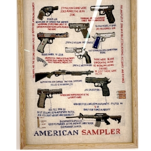 "American Sampler," Cottons Embroidery Thread on Metallic Linen, by Naomi Spinak