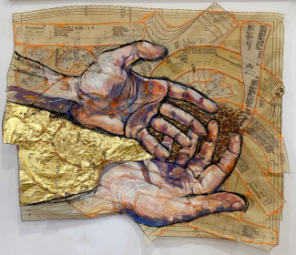 "Worry Hands 1," Sewing Pattern Paper, Wax Thread, Gold Leaf, Thread, Gouache, Dowel, by Christine Sauerteig-Pilaar