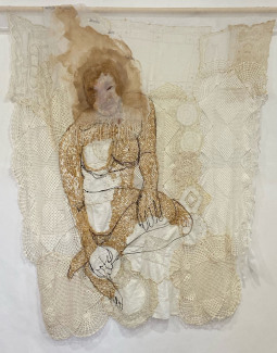 "Untitled (The Woven One),"  Crochet Doilies, Gold Thread, Raffia, Fabric, Ink, Gouache and Dowel, by Christine Sauerteig-Pilaar